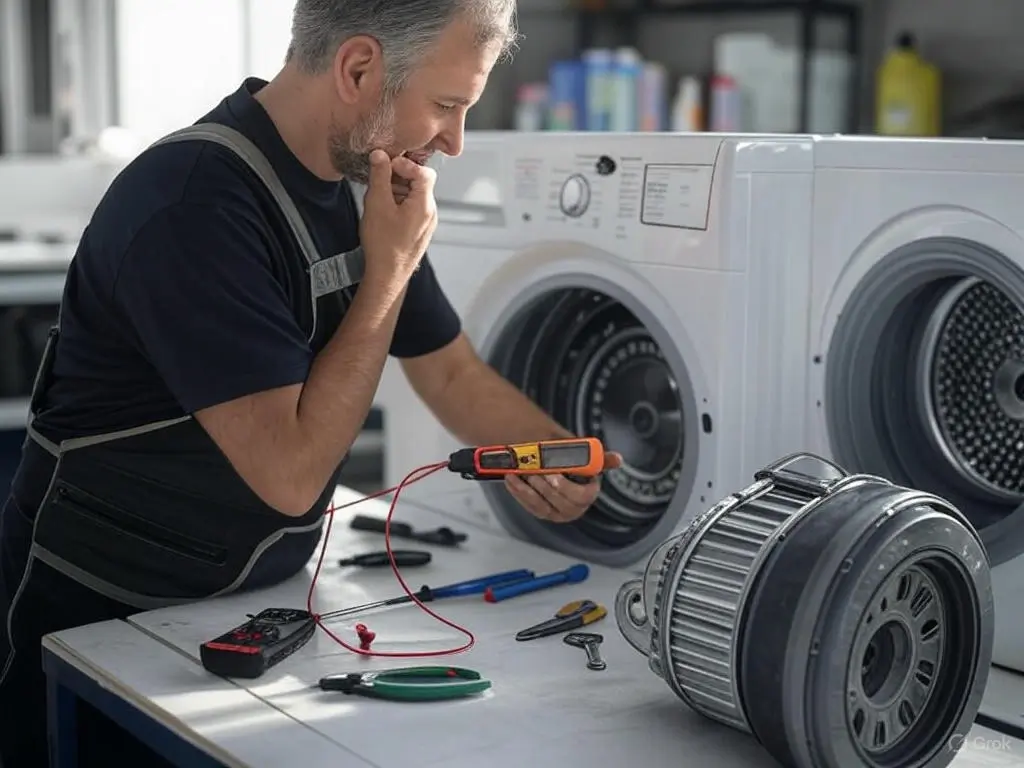 Técnico realizando teste com multímetro em lavadora de roupas durante manutenção. Imagem ilustrativa do curso Descomplicando as Lavadoras, que ensina diagnóstico e reparos em máquinas de lavar.