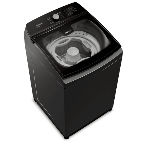 Máquina de Lavar Brastemp 16kg BWD16A9 em Titânio com Tecnologia Double Wash, exibindo sua estrutura robusta, cesto de aço inoxidável e painel de controle intuitivo na parte superior. O design moderno e a tampa de vidro oferecem praticidade e elegância para qualquer lavanderia.