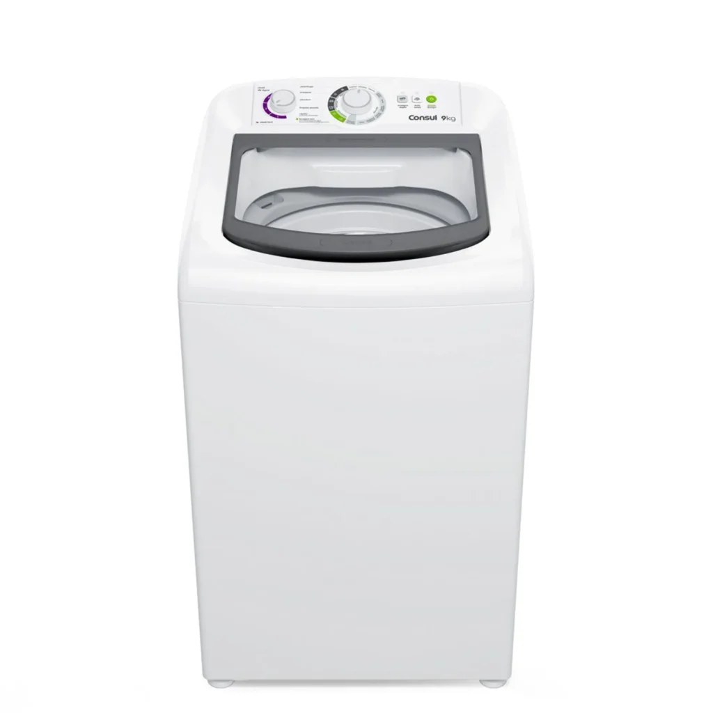 Lavadora de roupas Consul CWB09AB com capacidade de 9kg, cor branca, abertura superior, e painel mecânico com botões giratórios. A lavadora possui tampa de vidro temperado e recursos como controle de níveis de água e ciclo específico para edredons