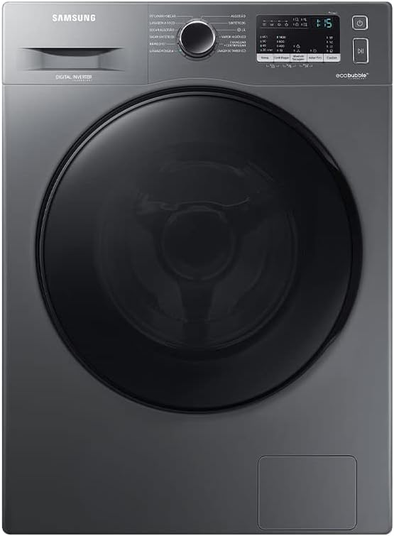 Lava e Seca Samsung 11kg Eco Bubble WD11A, cor preta, com porta frontal. O design é moderno e minimalista, com um painel digital à direita e um botão de controle centralizado para selecionar os programas de lavagem. A tecnologia Digital Inverter e Eco Bubble são destacadas, prometendo maior eficiência e durabilidade. A porta de vidro grande oferece uma visão ampla do tambor interno, enquanto o acabamento em preto fosco confere um visual elegante.