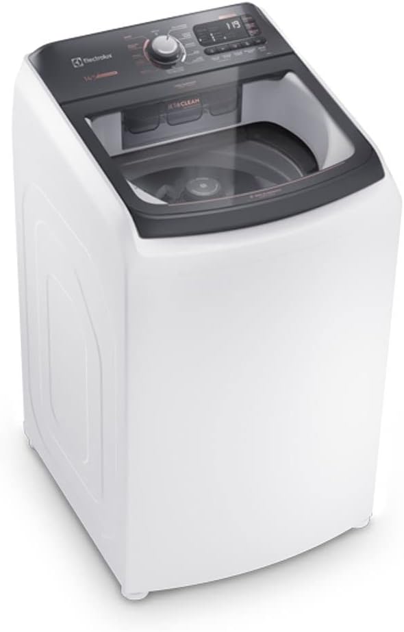 Imagem de uma lavadora Electrolux LEC14 de 14kg, com design compacto e moderno. O modelo apresenta um painel digital na cor preta, visor transparente na tampa e corpo branco. A lavadora possui a função JetClean e é ideal para quem busca eficiência e praticidade em um espaço reduzido.