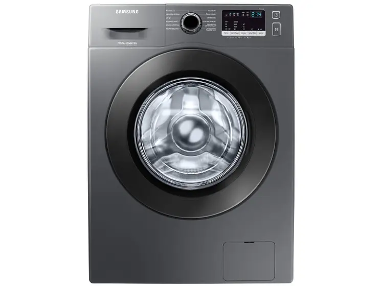 Imagem de uma lavadora de roupas Samsung modelo WW4000 de 11 kg, com acabamento em inox escuro e abertura frontal. O painel de controle apresenta opções de programas de lavagem, incluindo o ciclo rápido e a função de autolimpeza. O design moderno e elegante conta com um visor digital e uma porta de vidro que exibe o tambor de aço inoxidável. Ideal para famílias pequenas a médias, esta lavadora oferece tecnologia Digital Inverter para maior eficiência energética e funcionamento silencioso.