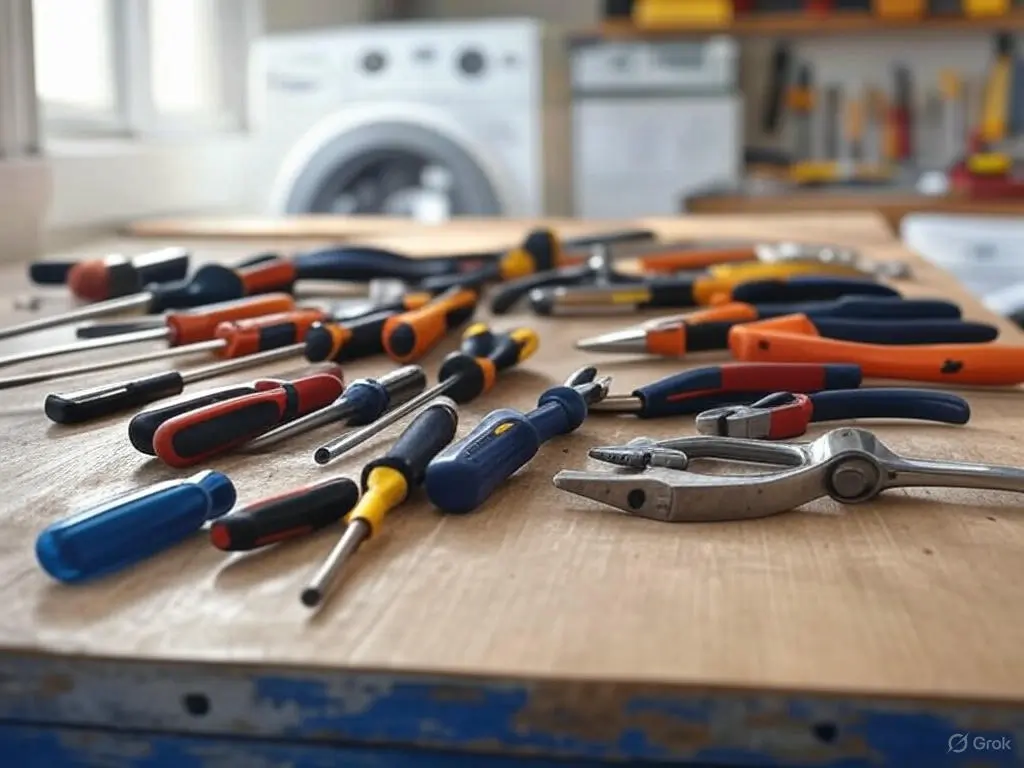 Ferramentas manuais espalhadas sobre bancada de trabalho em oficina de manutenção. Conjunto essencial para quem faz o curso Descomplicando as Lavadoras e aprende a consertar máquinas de lavar com segurança e precisão.