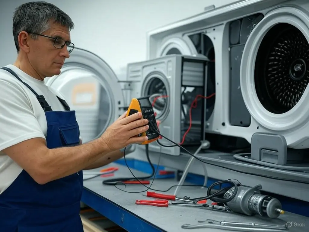 Técnico de manutenção utilizando multímetro para testar componentes internos de lavadora de roupas. Demonstração prática de aula do curso Descomplicando as Lavadoras, voltado à capacitação profissional em conserto de máquinas de lavar.