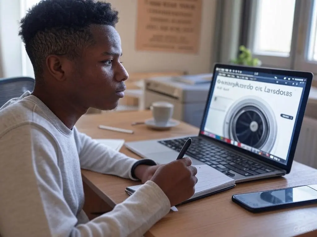 Estudante assistindo aula online sobre manutenção de lavadoras no notebook. Representação do curso Descomplicando as Lavadoras, com acesso 100% online e flexível para iniciantes e técnicos em formação.